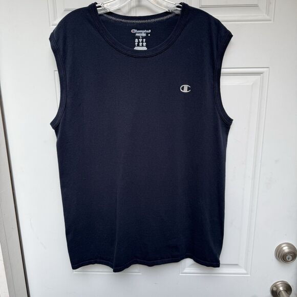 Champion Sleeveless Tshirt Size L Navy Logo Crew Neck Muscle Tee - Picture 5 of 7